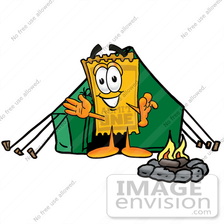 #25402 Clip Art Graphic of a Golden Admission Ticket Character Camping With a Tent and Fire by toons4biz