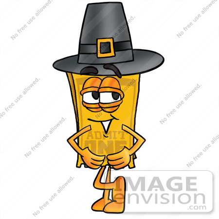 #25407 Clip Art Graphic of a Golden Admission Ticket Character Wearing a Pilgrim Hat on Thanksgiving by toons4biz