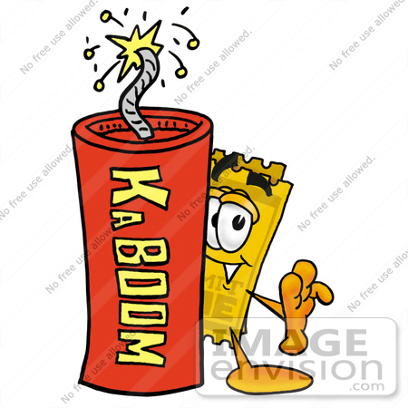 #25410 Clip Art Graphic of a Golden Admission Ticket Character Standing With a Lit Stick of Dynamite by toons4biz