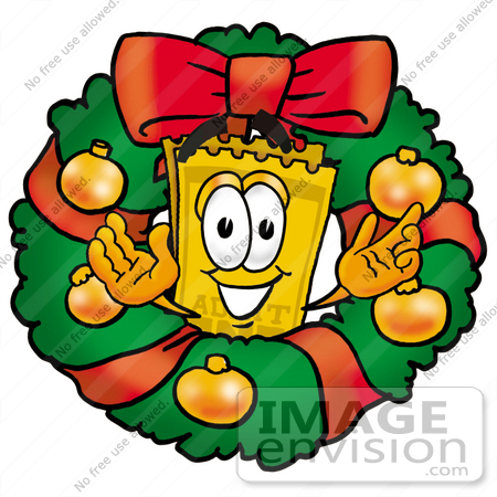 #25412 Clip Art Graphic of a Golden Admission Ticket Character in the Center of a Christmas Wreath by toons4biz