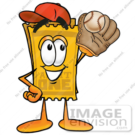 #25413 Clip Art Graphic of a Golden Admission Ticket Character Catching a Baseball With a Glove by toons4biz