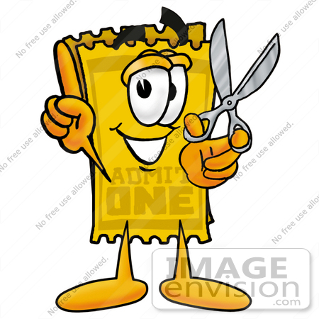 #25414 Clip Art Graphic of a Golden Admission Ticket Character Holding a Pair of Scissors by toons4biz