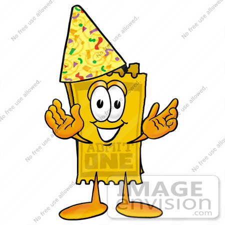 #25415 Clip Art Graphic of a Golden Admission Ticket Character Wearing a Birthday Party Hat by toons4biz