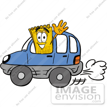 #25416 Clip Art Graphic of a Golden Admission Ticket Character Driving a Blue Car and Waving by toons4biz