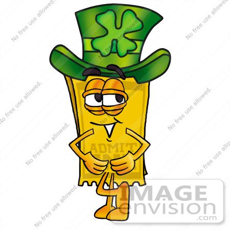 #25418 Clip Art Graphic of a Golden Admission Ticket Character Wearing a Saint Patricks Day Hat With a Clover on it by toons4biz