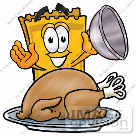 #25420 Clip Art Graphic of a Golden Admission Ticket Character Serving a Thanksgiving Turkey on a Platter by toons4biz