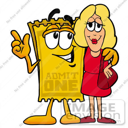 #25421 Clip Art Graphic of a Golden Admission Ticket Character Talking to a Pretty Blond Woman by toons4biz