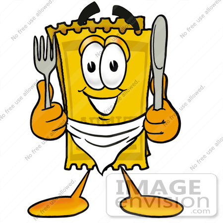 #25422 Clip Art Graphic of a Golden Admission Ticket Character Holding a Knife and Fork by toons4biz