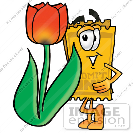 #25425 Clip Art Graphic of a Golden Admission Ticket Character With a Red Tulip Flower in the Spring by toons4biz