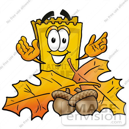 #25428 Clip Art Graphic of a Golden Admission Ticket Character With Autumn Leaves and Acorns in the Fall by toons4biz