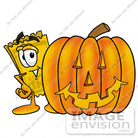 #25430 Clip Art Graphic of a Golden Admission Ticket Character With a Carved Halloween Pumpkin by toons4biz