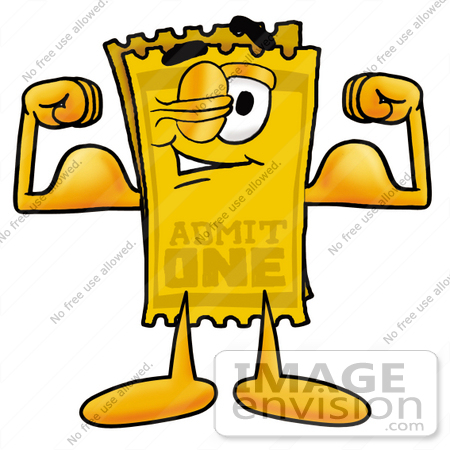 #25432 Clip Art Graphic of a Golden Admission Ticket Character Flexing His Arm Muscles by toons4biz