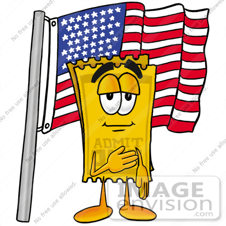 #25435 Clip Art Graphic of a Golden Admission Ticket Character Pledging Allegiance to an American Flag by toons4biz