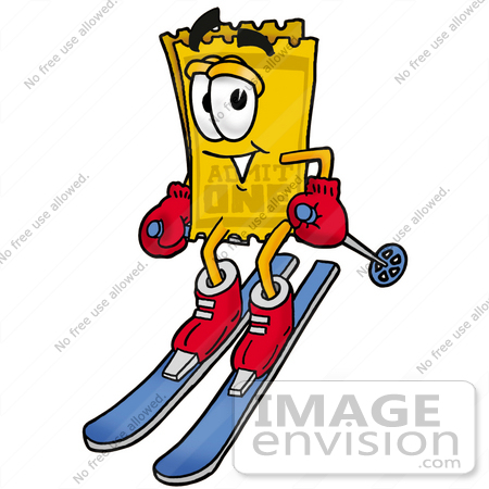 #25440 Clip Art Graphic of a Golden Admission Ticket Character Skiing Downhill by toons4biz