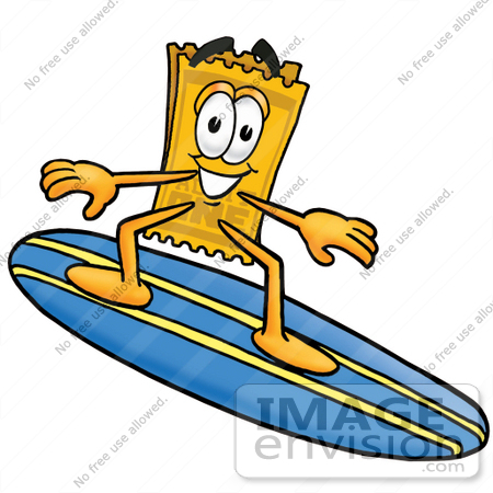 #25441 Clip Art Graphic of a Golden Admission Ticket Character Surfing on a Blue and Yellow Surfboard by toons4biz