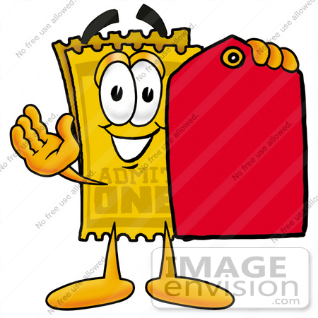 #25449 Clip Art Graphic of a Golden Admission Ticket Character Holding a Red Sales Price Tag by toons4biz