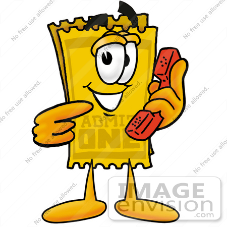 #25450 Clip Art Graphic of a Golden Admission Ticket Character Holding a Telephone by toons4biz