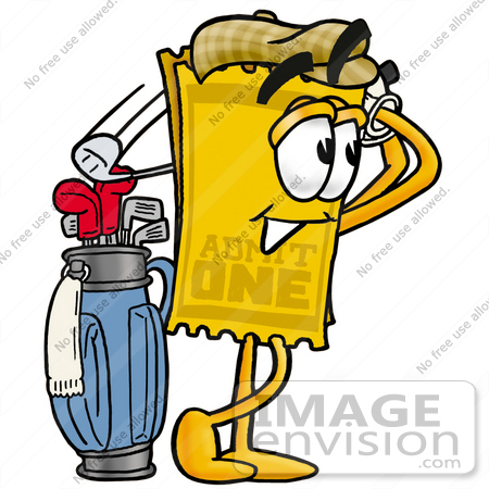 #25451 Clip Art Graphic of a Golden Admission Ticket Character Swinging His Golf Club While Golfing by toons4biz