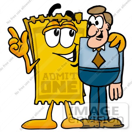 #25452 Clip Art Graphic of a Golden Admission Ticket Character Talking to a Business Man by toons4biz