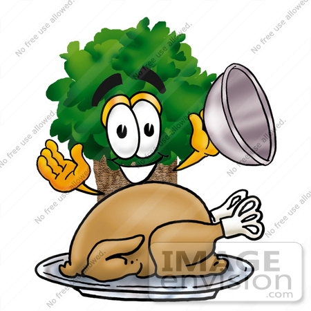 #25459 Clip Art Graphic of a Tree Character Serving a Thanksgiving Turkey on a Platter by toons4biz