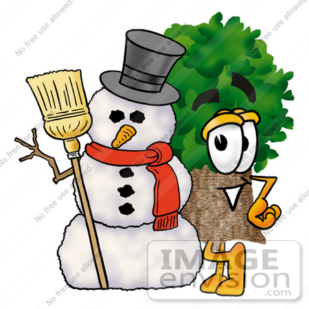 #25462 Clip Art Graphic of a Tree Character With a Snowman on Christmas by toons4biz