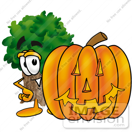 #25466 Clip Art Graphic of a Tree Character With a Carved Halloween Pumpkin by toons4biz