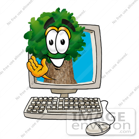 #25468 Clip Art Graphic of a Tree Character Waving From Inside a Computer Screen by toons4biz