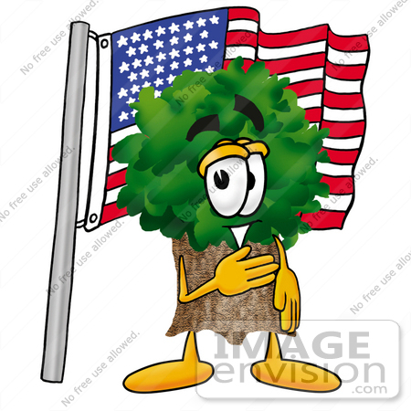 #25470 Clip Art Graphic of a Tree Character Pledging Allegiance to an American Flag by toons4biz