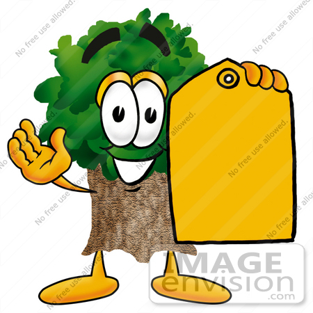 #25479 Clip Art Graphic of a Tree Character Holding a Yellow Sales Price Tag by toons4biz