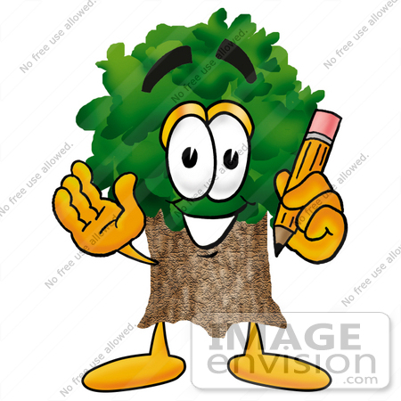 #25482 Clip Art Graphic of a Tree Character Holding a Pencil by toons4biz