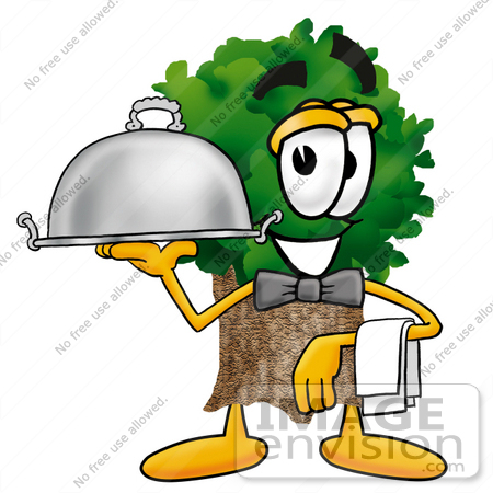 #25486 Clip Art Graphic of a Tree Character Dressed as a Waiter and Holding a Serving Platter by toons4biz