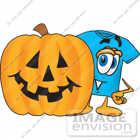 #25494 Clip Art Graphic of a Blue Short Sleeved T Shirt Character With a Carved Halloween Pumpkin by toons4biz