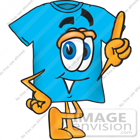 #25496 Clip Art Graphic of a Blue Short Sleeved T Shirt Character Pointing Upwards by toons4biz
