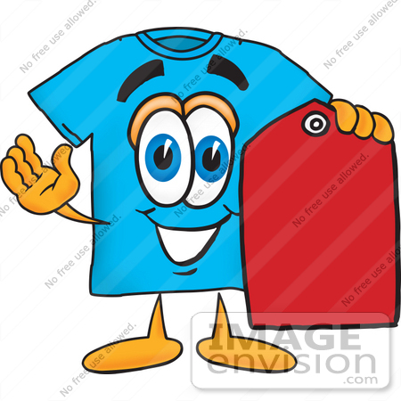 #25504 Clip Art Graphic of a Blue Short Sleeved T Shirt Character Holding a Red Sales Price Tag by toons4biz