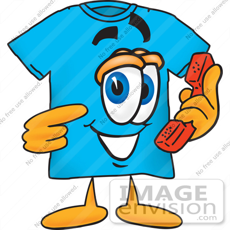 #25508 Clip Art Graphic of a Blue Short Sleeved T Shirt Character Holding a Telephone by toons4biz