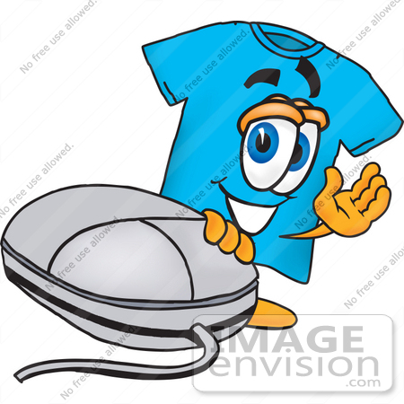 #25511 Clip Art Graphic of a Blue Short Sleeved T Shirt Character With a Computer Mouse by toons4biz