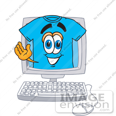 #25512 Clip Art Graphic of a Blue Short Sleeved T Shirt Character Waving From Inside a Computer Screen by toons4biz