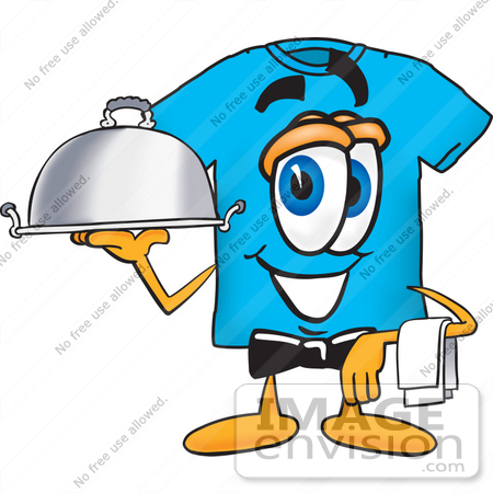 #25513 Clip Art Graphic of a Blue Short Sleeved T Shirt Character Dressed as a Waiter and Holding a Serving Platter by toons4biz