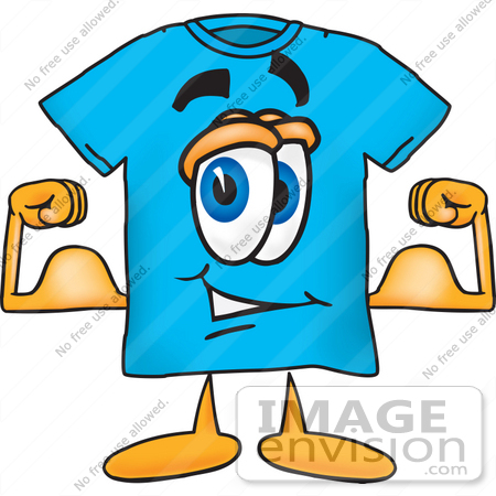 #25514 Clip Art Graphic of a Blue Short Sleeved T Shirt Character Flexing His Arm Muscles by toons4biz