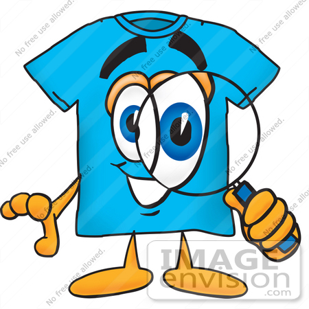 #25515 Clip Art Graphic of a Blue Short Sleeved T Shirt Character Looking Through a Magnifying Glass by toons4biz