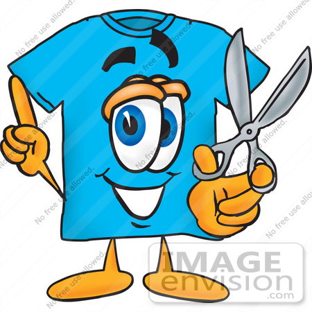 #25516 Clip Art Graphic of a Blue Short Sleeved T Shirt Character Holding a Pair of Scissors by toons4biz