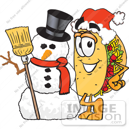 #25519 Clip Art Graphic of a Crunchy Hard Taco Character With a Snowman on Christmas by toons4biz