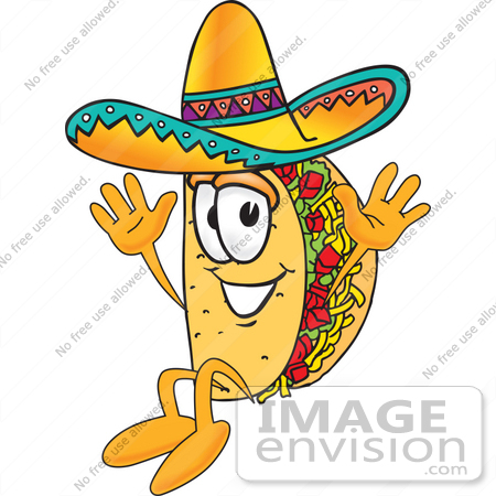 #25520 Clip Art Graphic of a Crunchy Hard Taco Character Wearing a Sombrero and Jumping by toons4biz