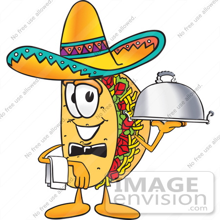 #25522 Clip Art Graphic of a Crunchy Hard Taco Character Wearing a Sombrero, Waiting Tables and Serving a Platter by toons4biz