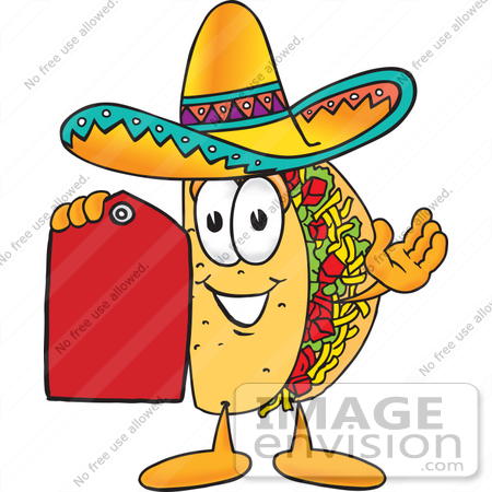 #25529 Clip Art Graphic of a Crunchy Hard Taco Character Holding a Red Sales Price Tag by toons4biz