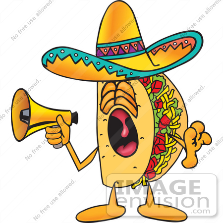 #25534 Clip Art Graphic of a Crunchy Hard Taco Character Screaming Into a Megaphone by toons4biz