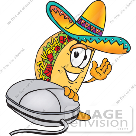 #25536 Clip Art Graphic of a Crunchy Hard Taco Character With a Computer Mouse by toons4biz