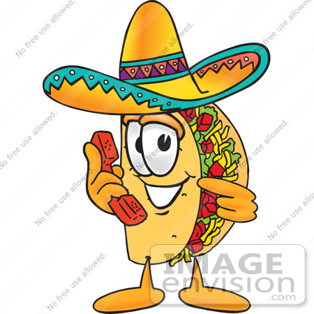 #25539 Clip Art Graphic of a Crunchy Hard Taco Character Holding a Telephone by toons4biz