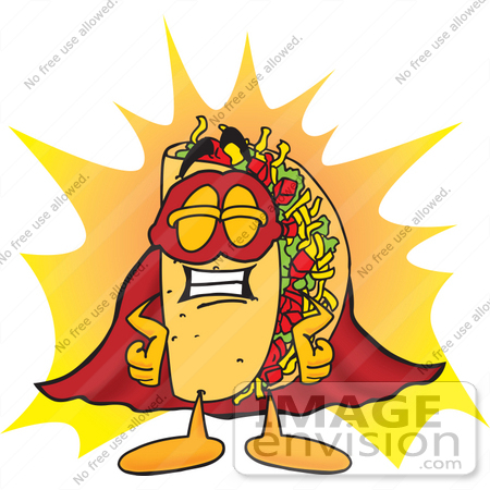 #25540 Clip Art Graphic of a Crunchy Hard Taco Character Dressed as a Super Hero by toons4biz