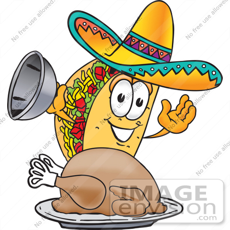 #25541 Clip Art Graphic of a Crunchy Hard Taco Character Serving a Thanksgiving Turkey on a Platter by toons4biz